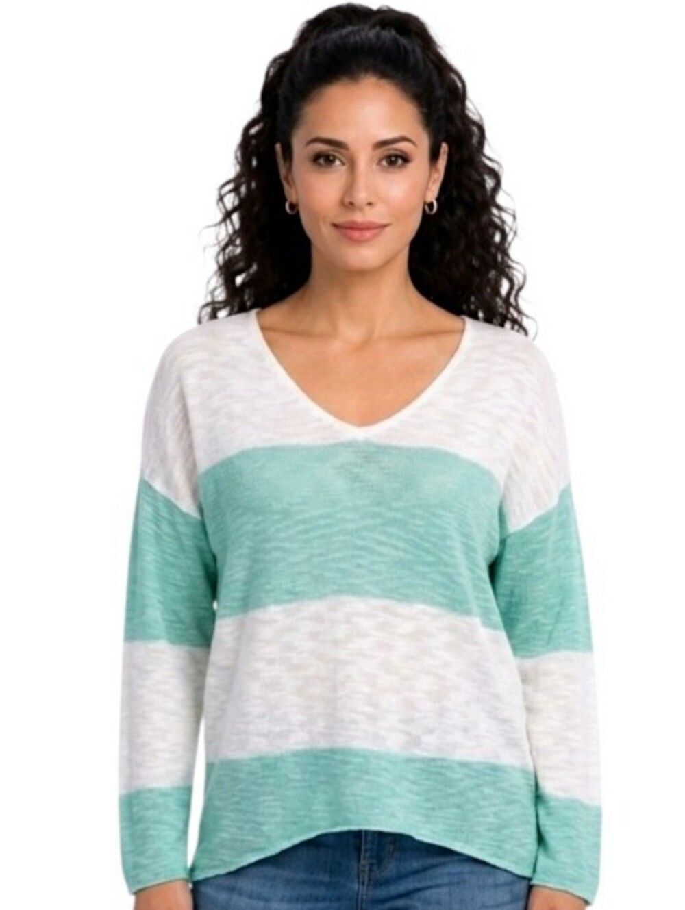 W. F. White and Mint Green Striped Burnt-out High/low V-neck Long Sleeve Sweater